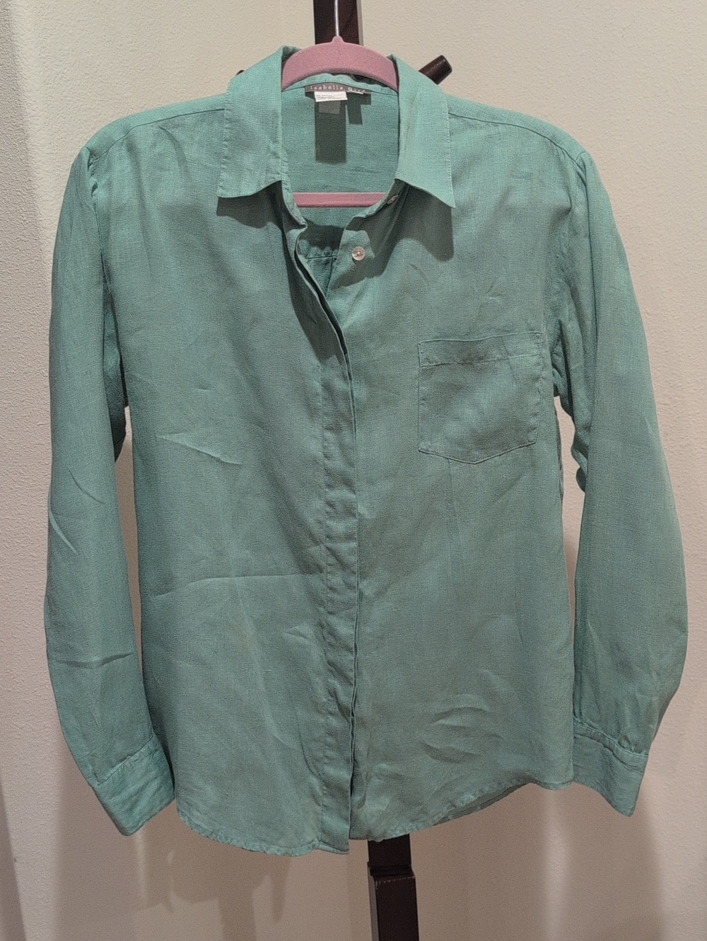 Linen Long-Sleeve Mint Green Button-Up Shirt, Size M